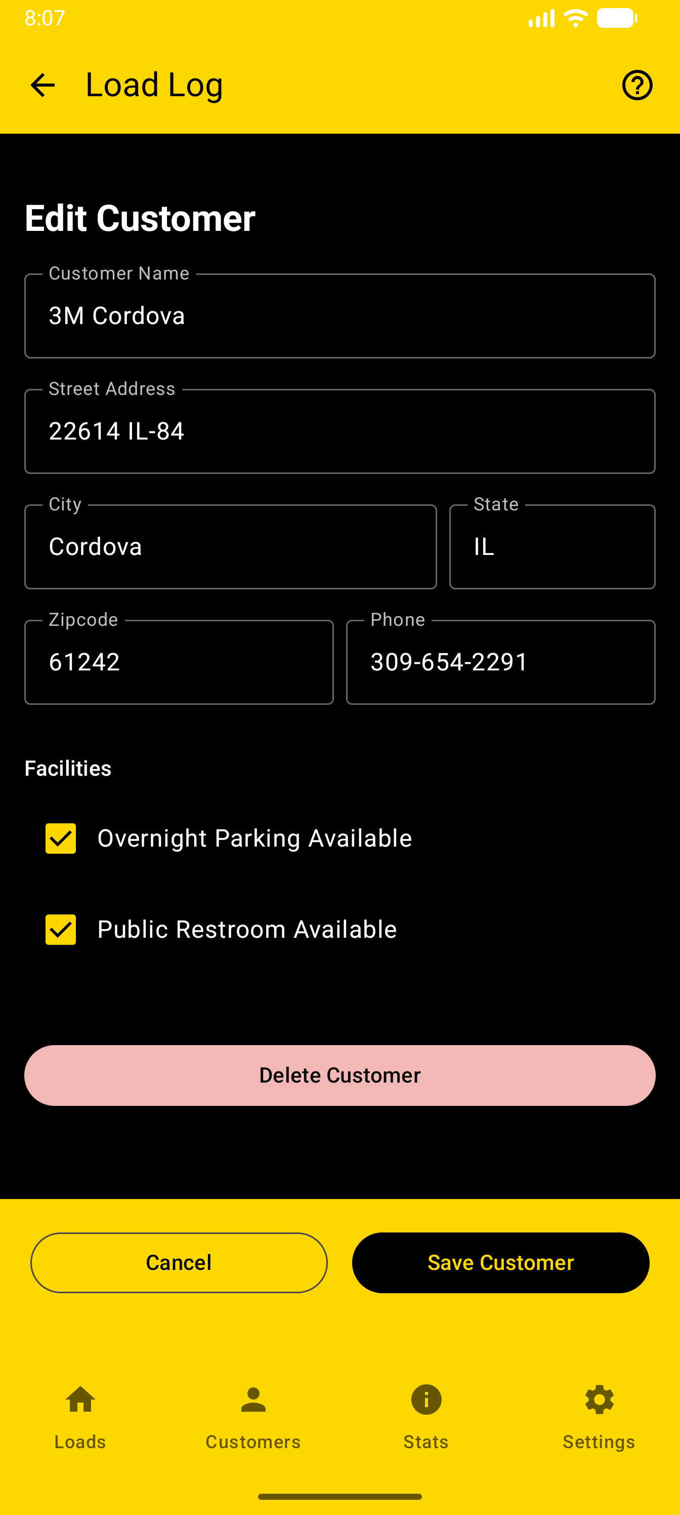 Load Log Edit Customer