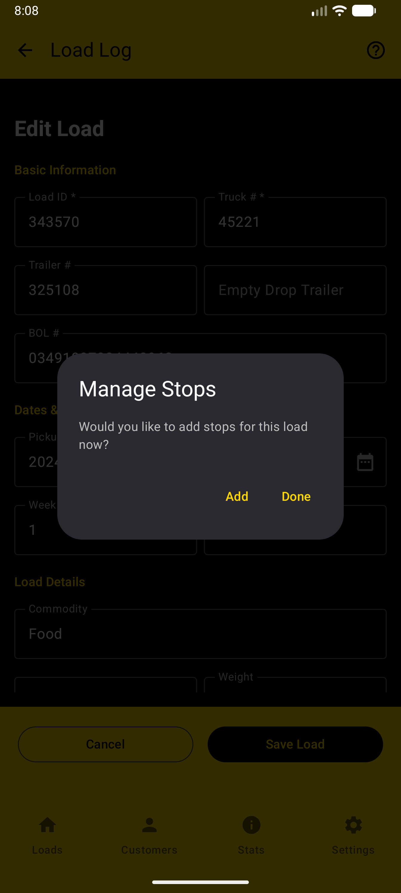Load Log Manage Stops