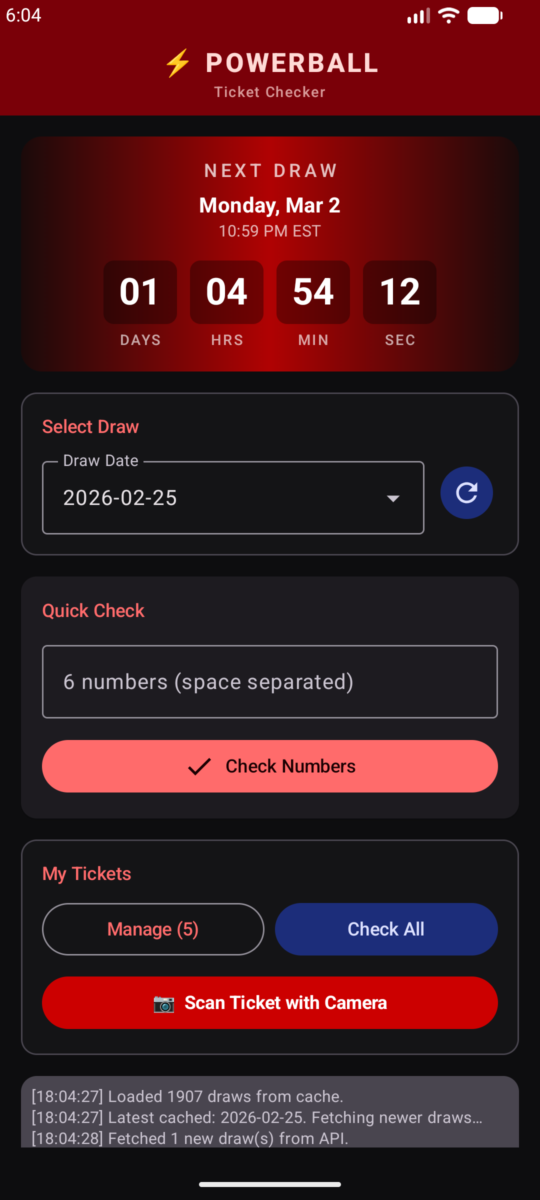 Powerball Checker Pro Main Screen